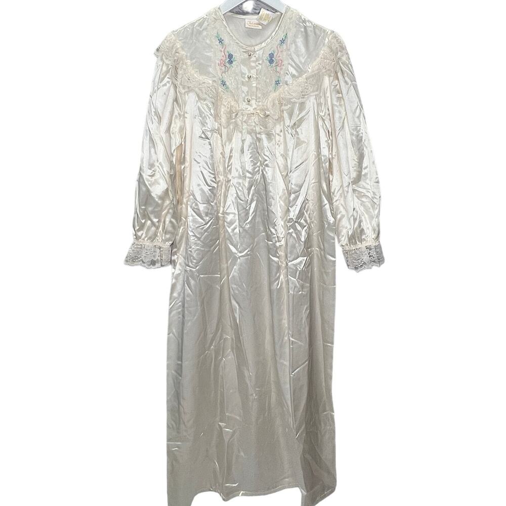 Vintage Intimate Moods Satin Fleece Lined Nightgown Size M Ivory White Long